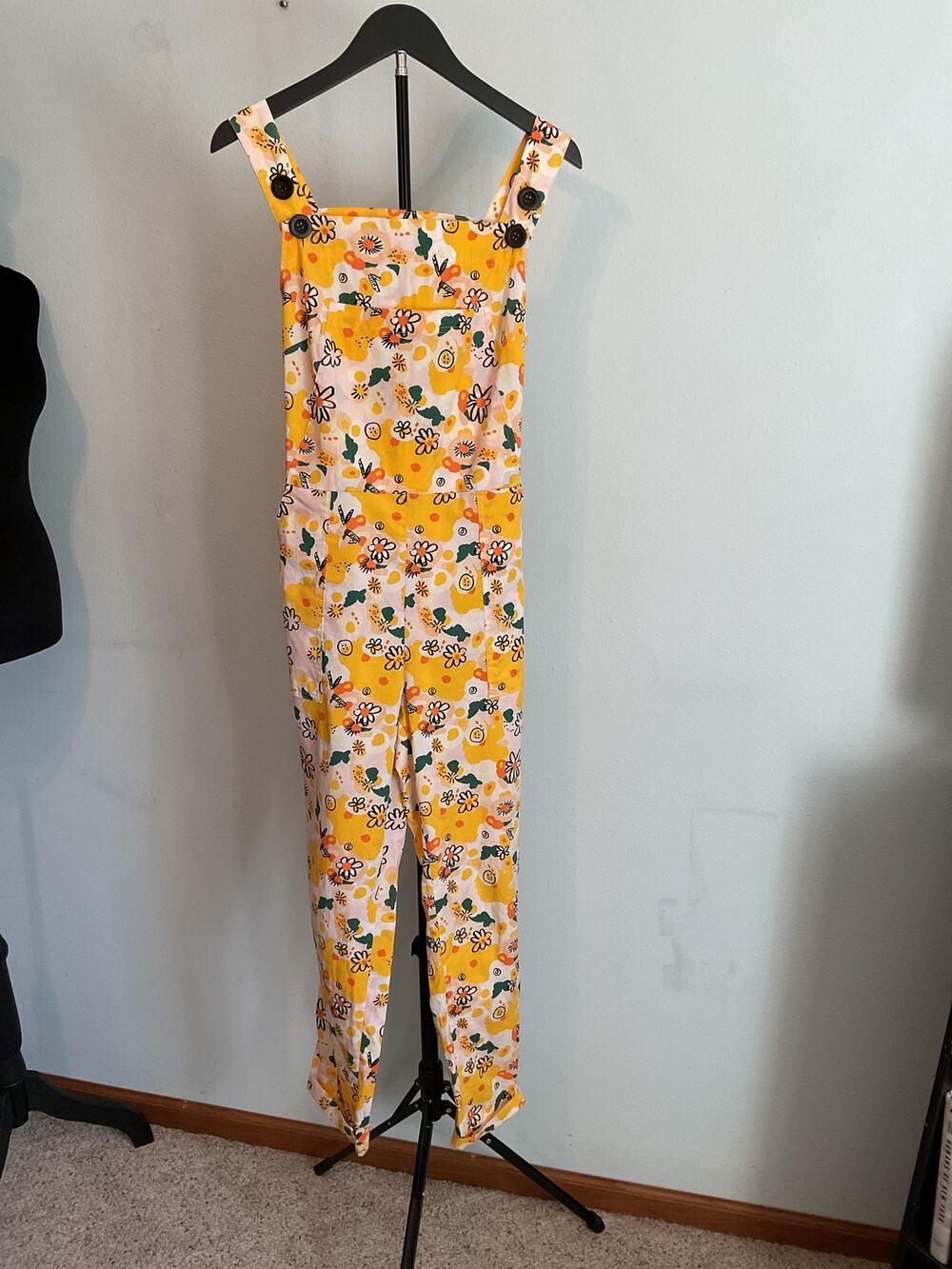 Nooworks Vittoria Floral Overalls Jumpsuit Small Yellow Daisy Wide Leg Canvas S